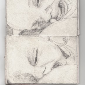 pages nine/ten, pencil on paper, card, feathers,  14.5cm x 9.5cm, 2009