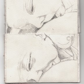 pages thirteen/fourteen, pencil on paper, card, feathers,  14.5cm x 9.5cm, 2009