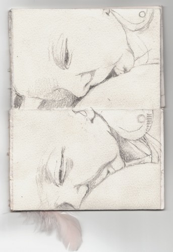 pages thirteen/fourteen, pencil on paper, card, feathers,  14.5cm x 9.5cm, 2009